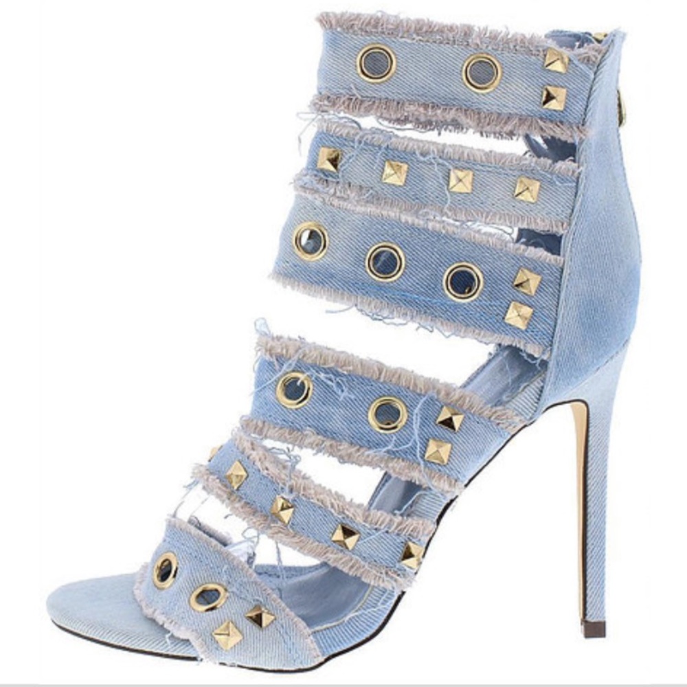 FRAYED DENIM PEEP TOE SANDALS